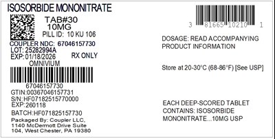 Label (81665 102 10 Isosorbide Mononitrate 10mg 67046 1577 30)